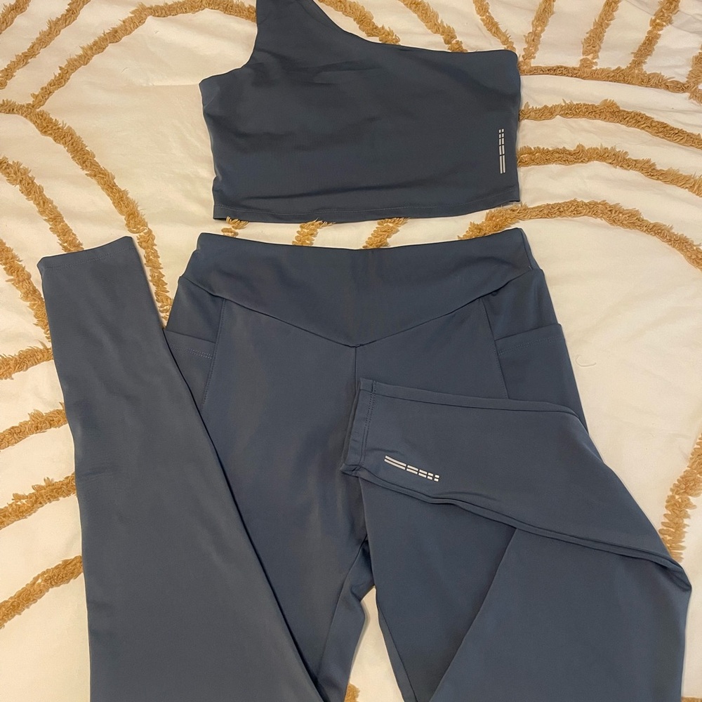Women's Gray One-Shoulder Sports Bra with Matching Pants NWOT